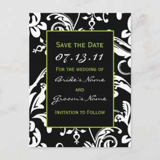 Black & Green Contemporary Damask Save the Date Announcement Postcard