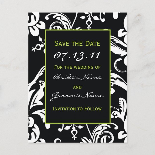 Black & Green Contemporary Damask Save the Date Announcement Postcard (Front)