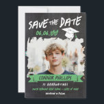 Black Green Cool Chalk Photo Graduation Save The Date<br><div class="desc">Cool graduation save the date card with a printed chalkboard background and a cool chalkboard font with a green banner and white graduation cap in a distressed look. Add a photo of the graduate inside a brush stroke frame. Distressed chalkboard graduation save the date card personalised with a photo and...</div>