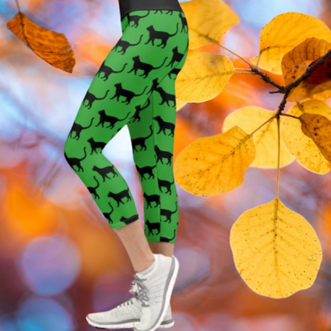 Black Green Customised Crazy Cat Woman Capri Leggings (Feeling catty?)