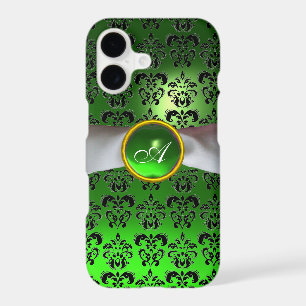 BLACK GREEN DAMASK GEM ONOGRAM white ribbon