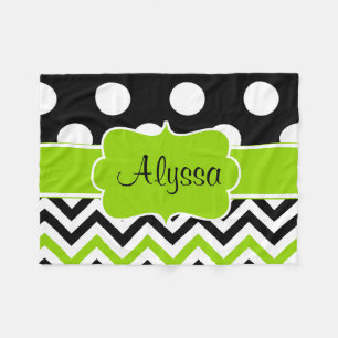 Black Green Dots Chevron Monogram Fleece Blanket