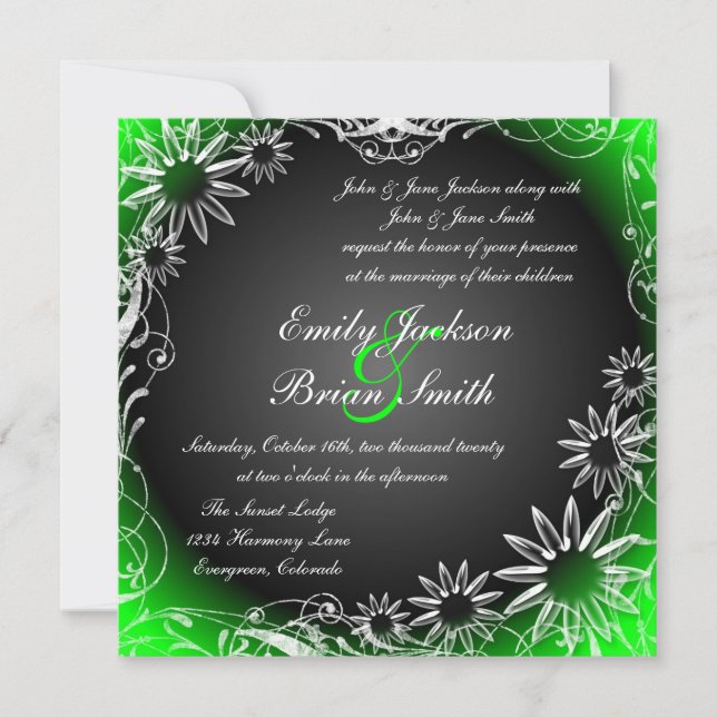 Black green fade daisy flower wedding invitations (Front)