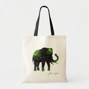 Black & Green Floral Elephant Tote Bag