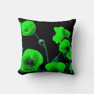 Black Green Floral Watercolor Poppy Flowers Unique Cushion