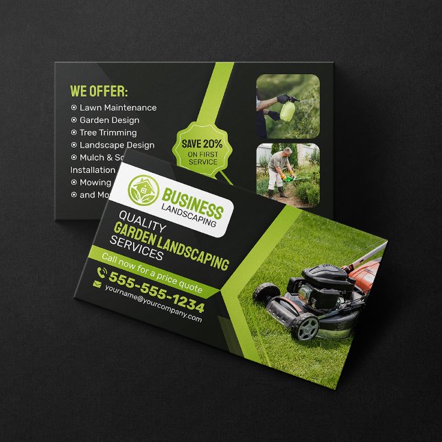 Black & Green Garden Landscaping Lawn Care Mowing Business Card (Creator Uploaded)