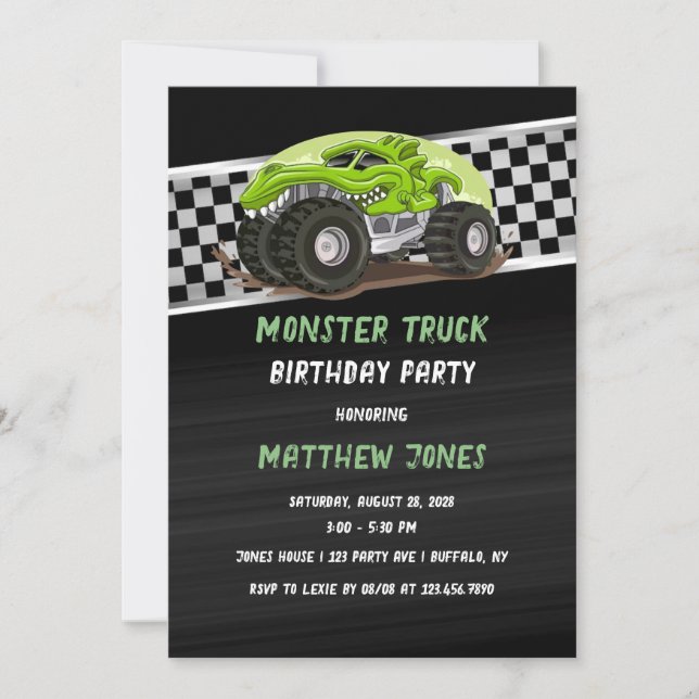 Black Green Gator Monster Truck Birthday Party Inv Invitation (Front)