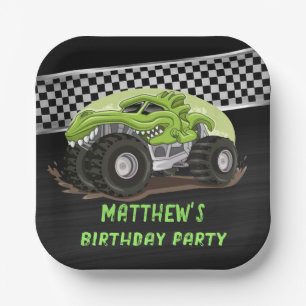 Black Green Gator Monster Truck Birthday Party Paper Plate