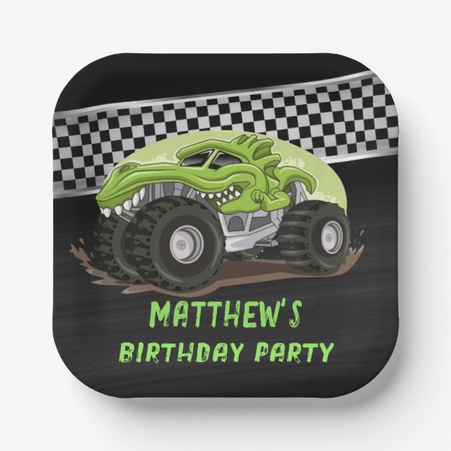 Black Green Gator Monster Truck Birthday Party Paper Plate (Front)
