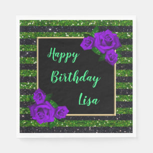 Black Green Glitter Stripes Purple Roses Birthday Napkin