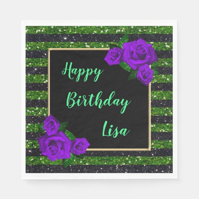 Black Green Glitter Stripes Purple Roses Birthday Napkin (Front)