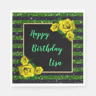 Black Green Glitter Stripes Yellow Roses Birthday Napkin