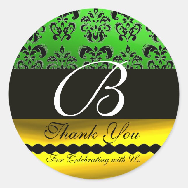 BLACK GREEN GOLD DAMASK MONOGRAM Thank You Classic Round Sticker (Front)
