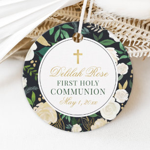 Black Green Gold Floral First Communion Favour Tags