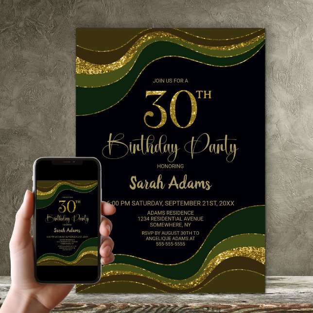Black Green Gold Glitter 30th Birthday Party Invitation (Creator Uploaded)