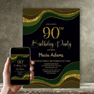 Black Green Gold Glitter 90th Birthday Party Invitation
