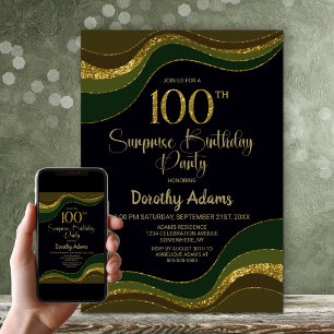 Black Green Gold Glitter Surprise 100th Birthday Invitation