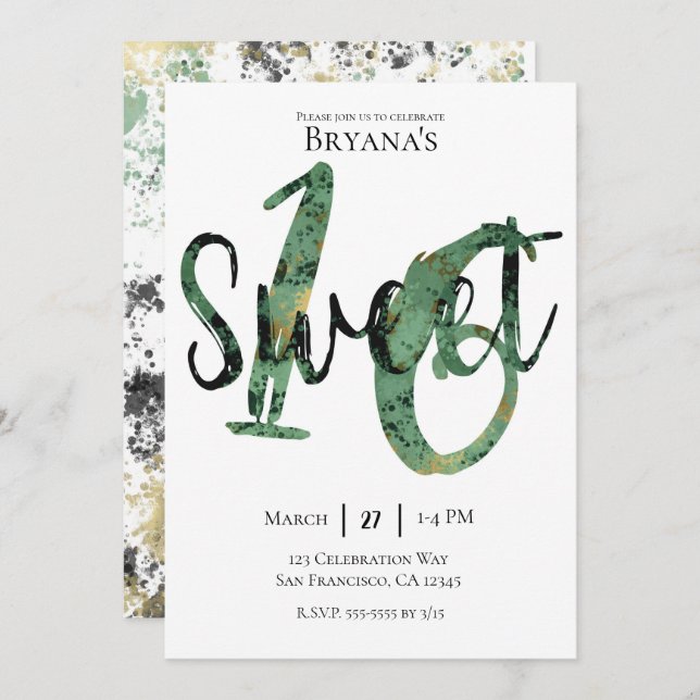 Black Green Gold Modern Sweet 16 Birthday Party Invitation (Front/Back)