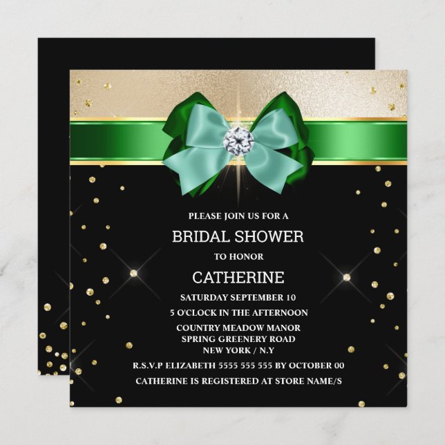 Black green gold shimmer bow sparkle glitter invitation (Front/Back)