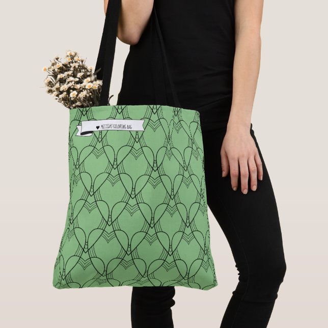 Black & Green Heart Pattern Colouring Go-Bag Tote (Close Up)