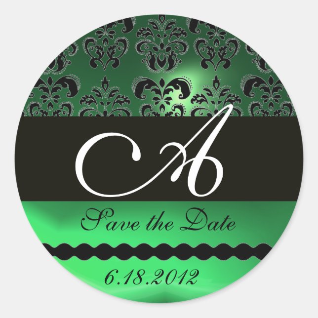 BLACK GREEN JADE DAMASK MONOGRAM, Save the Date Classic Round Sticker (Front)