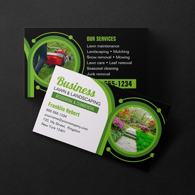 Black Green Landscaping Mowing Lawn Maintenance Business Card (Creator Uploaded)