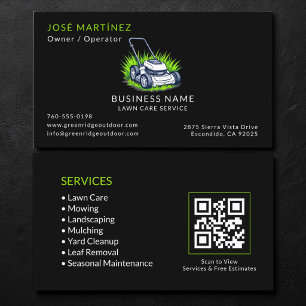 Black Green Lawn Care and Service QR Code Business Card