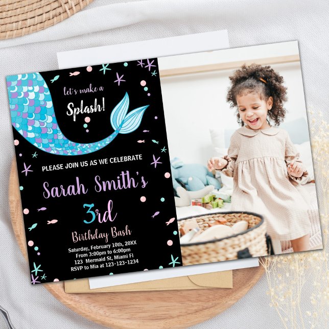 Black Green Mermaid Tail Birthday with photo Invitation (Black Green Mermaid Tail Birthday with photo Invitation)