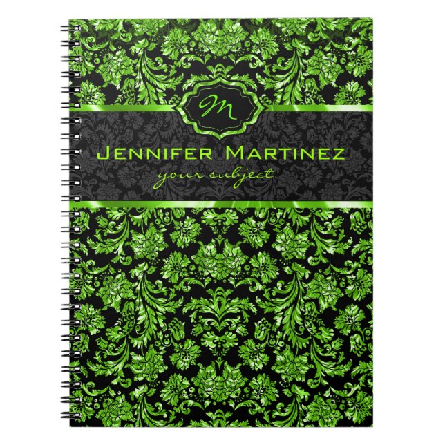 Black & Green Metallic Floral Damasks Monogram Notebook (Front)