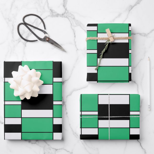 Black Green Mid Century Geometric Pattern Wrapping Paper Sheet (Front)