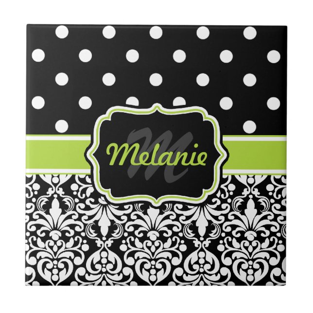 Black Green Monogrammed Damask Polka Dots Pattern Ceramic Tile (Front)