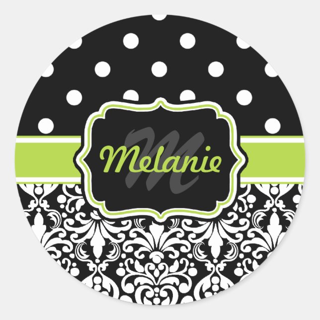 Black Green Monogrammed Damask Polka Dots Pattern Classic Round Sticker (Front)
