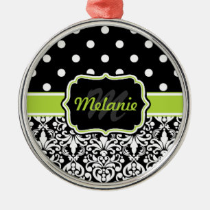 Black Green Monogrammed Damask Polka Dots Pattern Metal Tree Decoration