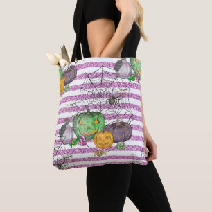 BLACK GREEN ORANGE HALLOWEEN PUMPKINS SPIDER WEBS TOTE BAG