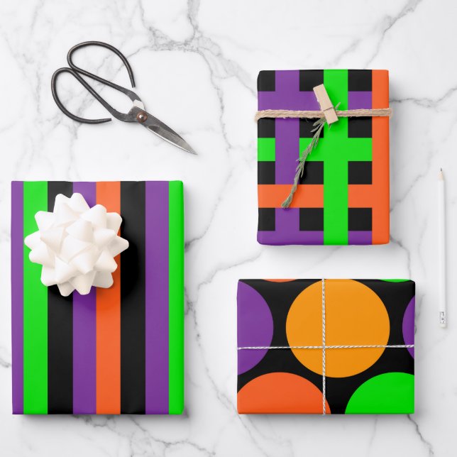 BLACK GREEN ORANGE PURPLE HALLOWEEN PATTERN WRAPPING PAPER SHEET (Front)