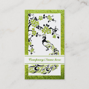 Black, green peacock and cherry blossoms business card