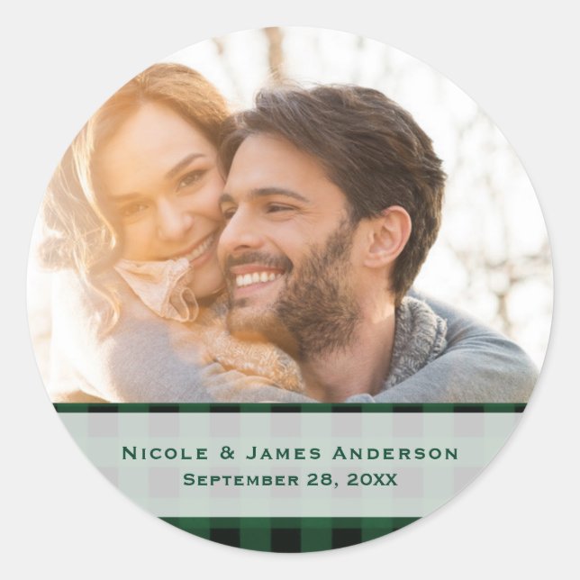 Black & Green Plaid Chequered Modern Wedding Favou Classic Round Sticker (Front)