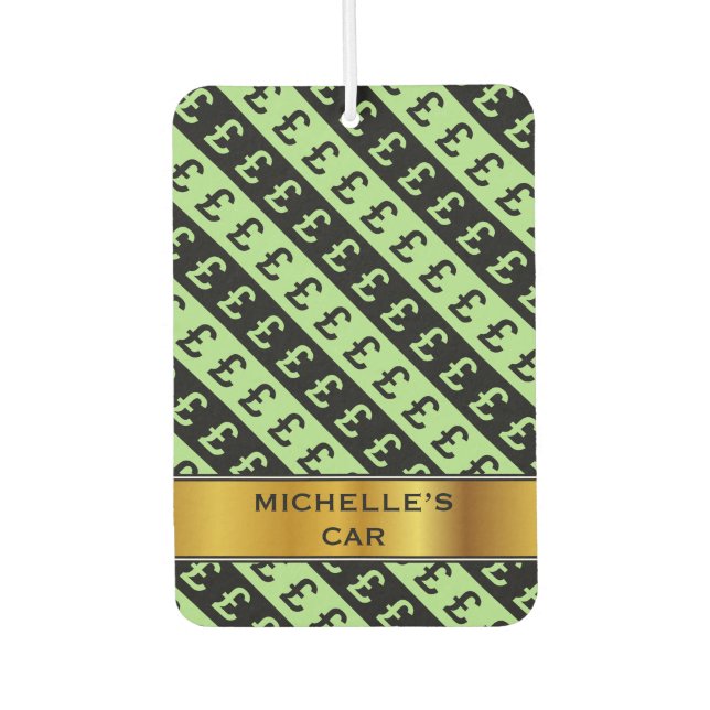 Black & Green Pound Signs (£) Striped Pattern Car Air Freshener (Front)