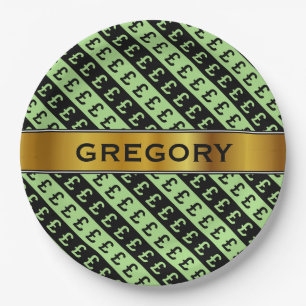 Black & Green Pound Signs (£) Striped Pattern Paper Plate