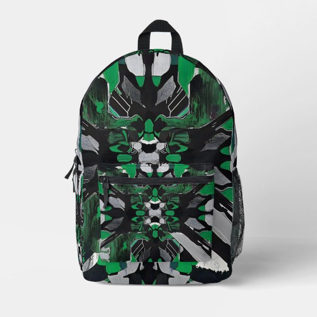 Black green  printed backpack (Front)