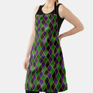 BLACK GREEN PURPLE MARDI GRAS DIAMOND PATTERN APRON