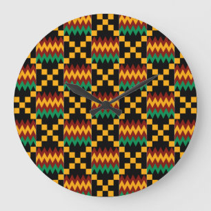 Black, Green, Red, and Yellow Kente Cloth Large Clock