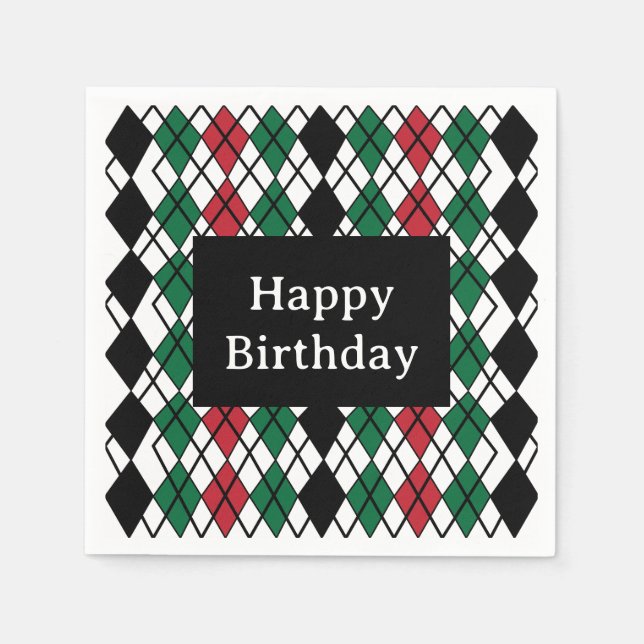 Black Green Red Argyle Pattern Birthday Napkin (Front)