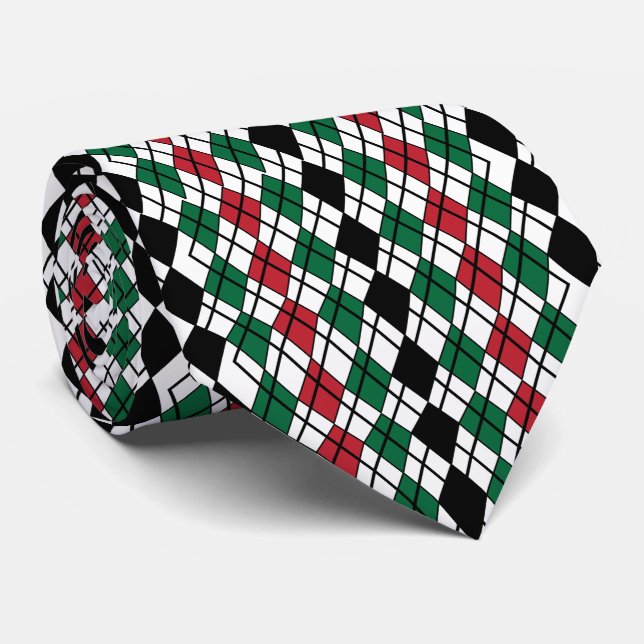 Black Green Red Argyle Pattern  Tie (Rolled)