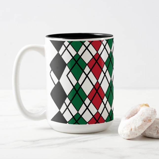 Black Green Red Argyle Pattern Two-Tone Coffee Mug (With Donut)