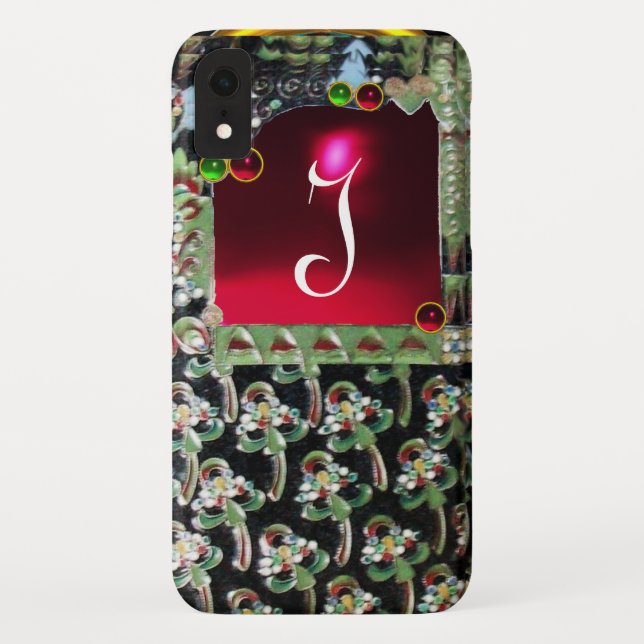 BLACK GREEN RED ART NOUVEAU GEMSTONE MONOGRAM Ruby Case-Mate iPhone Case (Back)