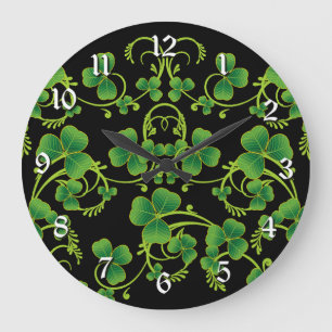 Black & Green Shamrock Vines Wall Clock