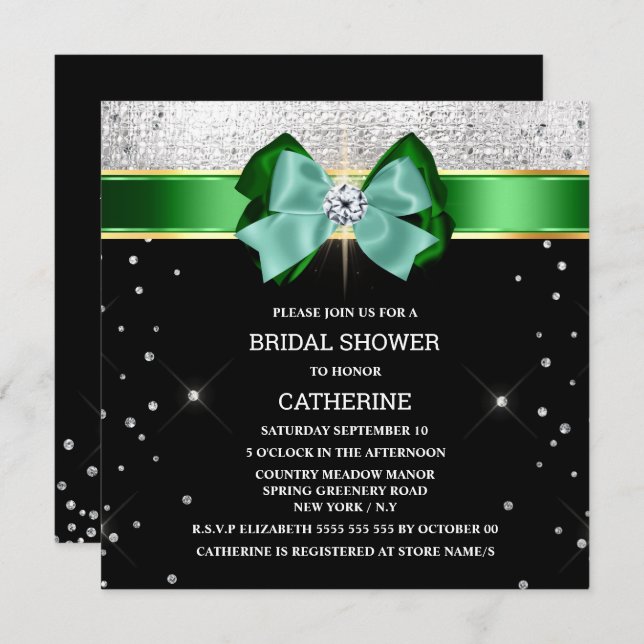 Black green silver shimmer bow sparkle glitter invitation (Front/Back)