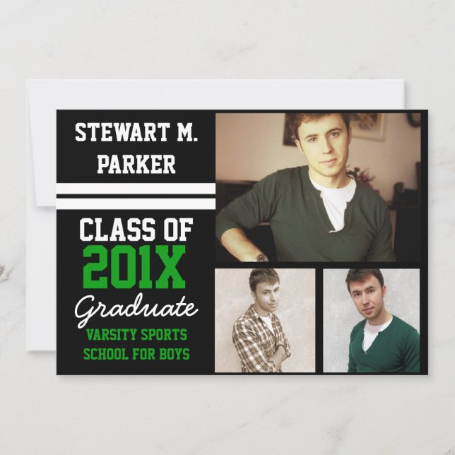 Black/Green Sporty Boys 3 Photo Graduation Invitation (Front)