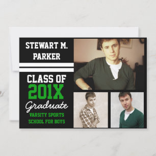Black/Green Sporty Boys 3 Photo Graduation Invitation
